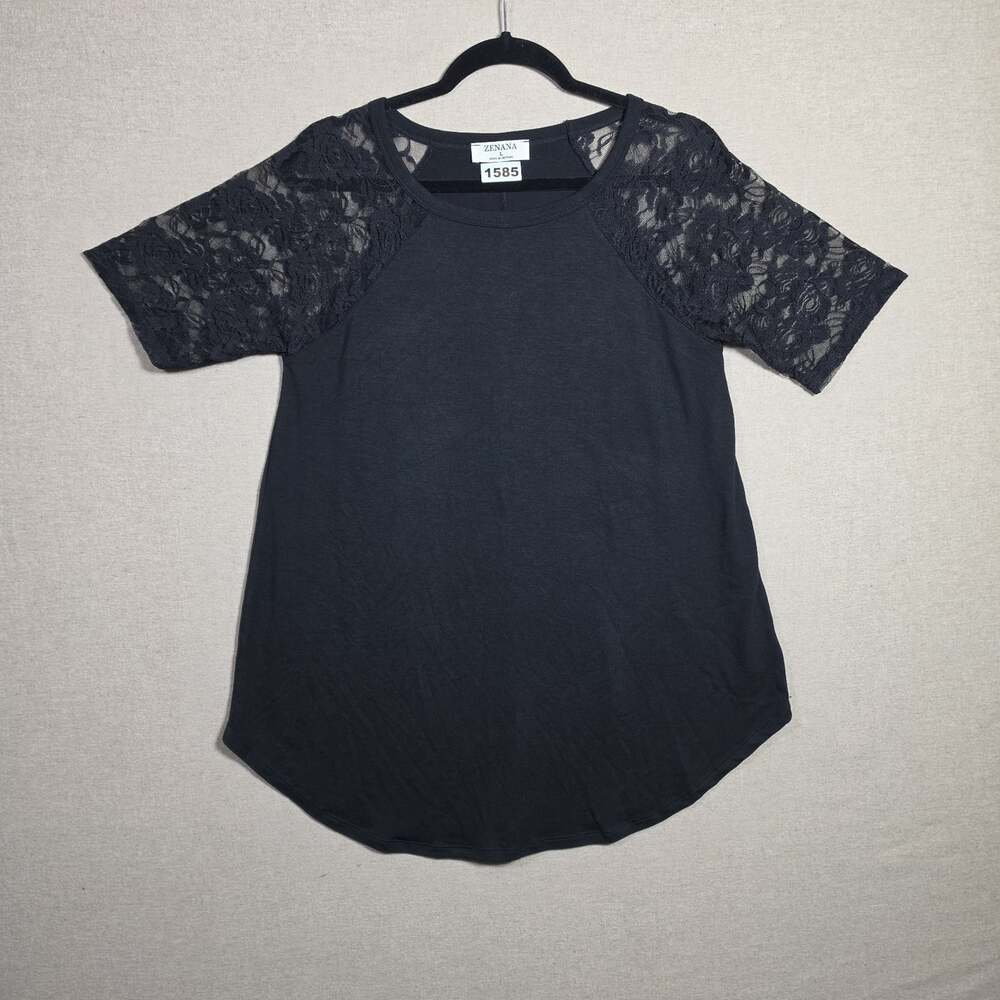 Zenana Signature black Short Sleeve Top tunic w Lace sleeves size L NWOT